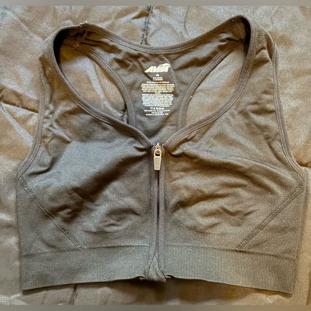 Avia Black Sports Bra with Zipper Front, Size XL
